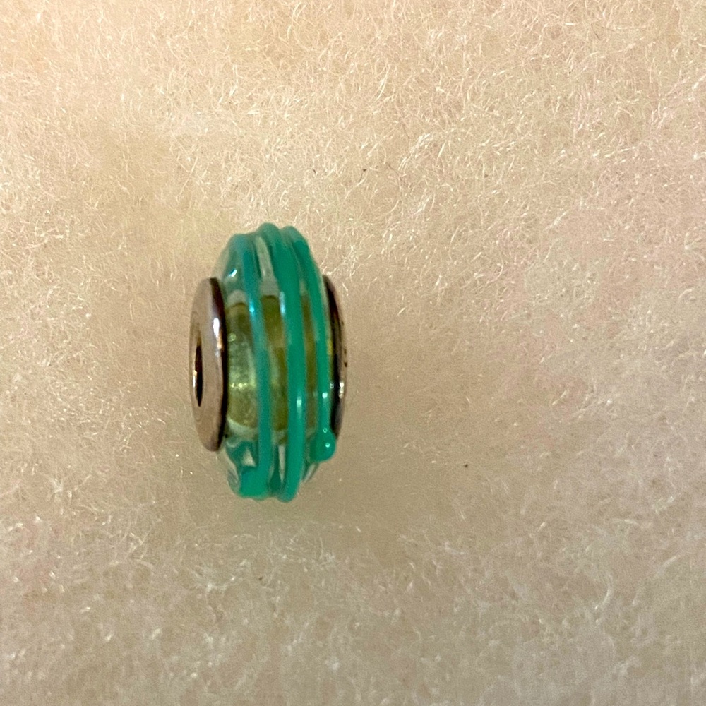 Pandora green ribbon Ss Murano glass charm, 925 ALE, retired